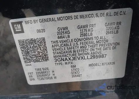 2020 Chevrolet Equinox Fwd 2Fl z USA, uszkodzony, nr VIN 3GNAXJEVXLL295987